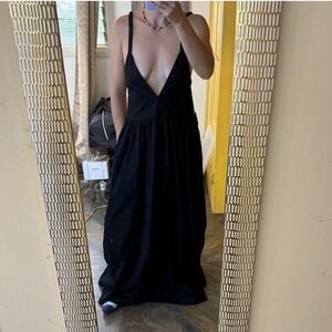 ACACIA Black Organic Cotton V Neck Maxi Dress Pleated Skirt‎ Pockets Small